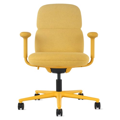 Asari - designer chair with medium back on casters, base - white, fabric - yellow, DZLU25-1