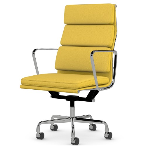 Eames - office chair with soft cushions on casters, high back, base - polished aluminum, fabric - yellow, ZMD15