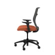 Hexi is a work chair with a black base and orange upholstery, on wheels.-4