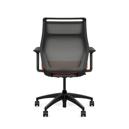 Hexi is a work chair with a black base and orange upholstery, on wheels.-2