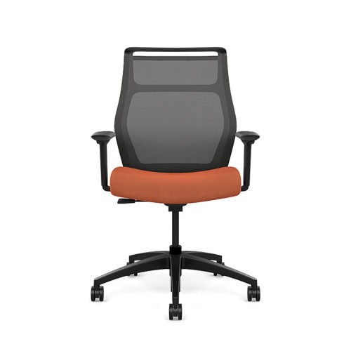 Hexi is a work chair with a black base and orange upholstery, on wheels.-6