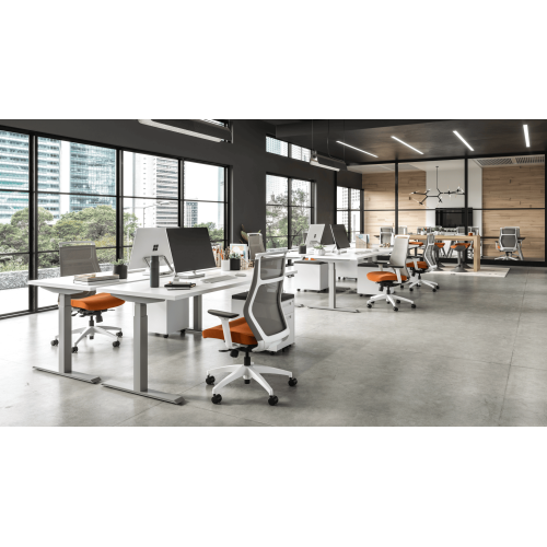 Hexi is a work chair with a black base and orange upholstery, on wheels.-8